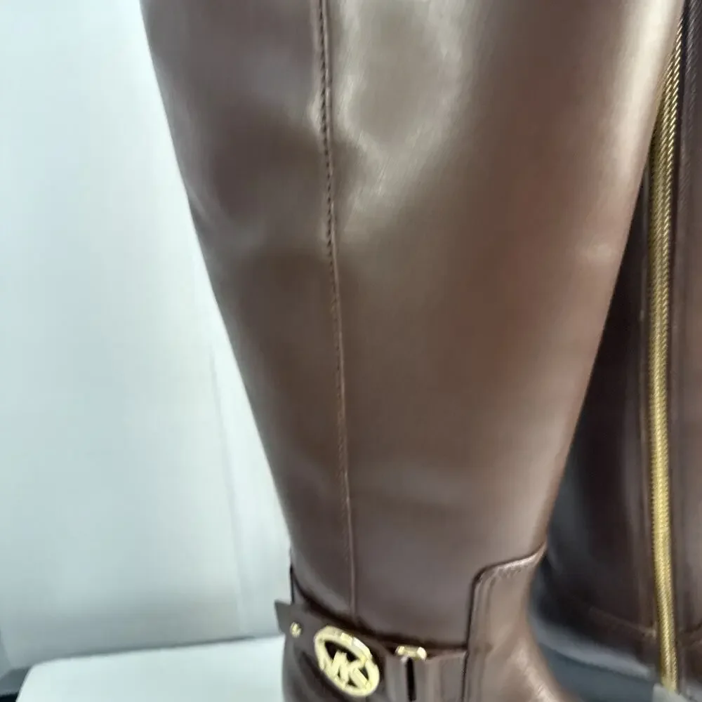 Michael Kors Harland Knee High Riding Boots Brown Leather 5M Wide Calf NWB